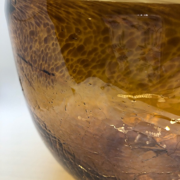 Hand Blown Large Crackle Glass Amber Bowl 9” X 6” - Picture 5 of 11